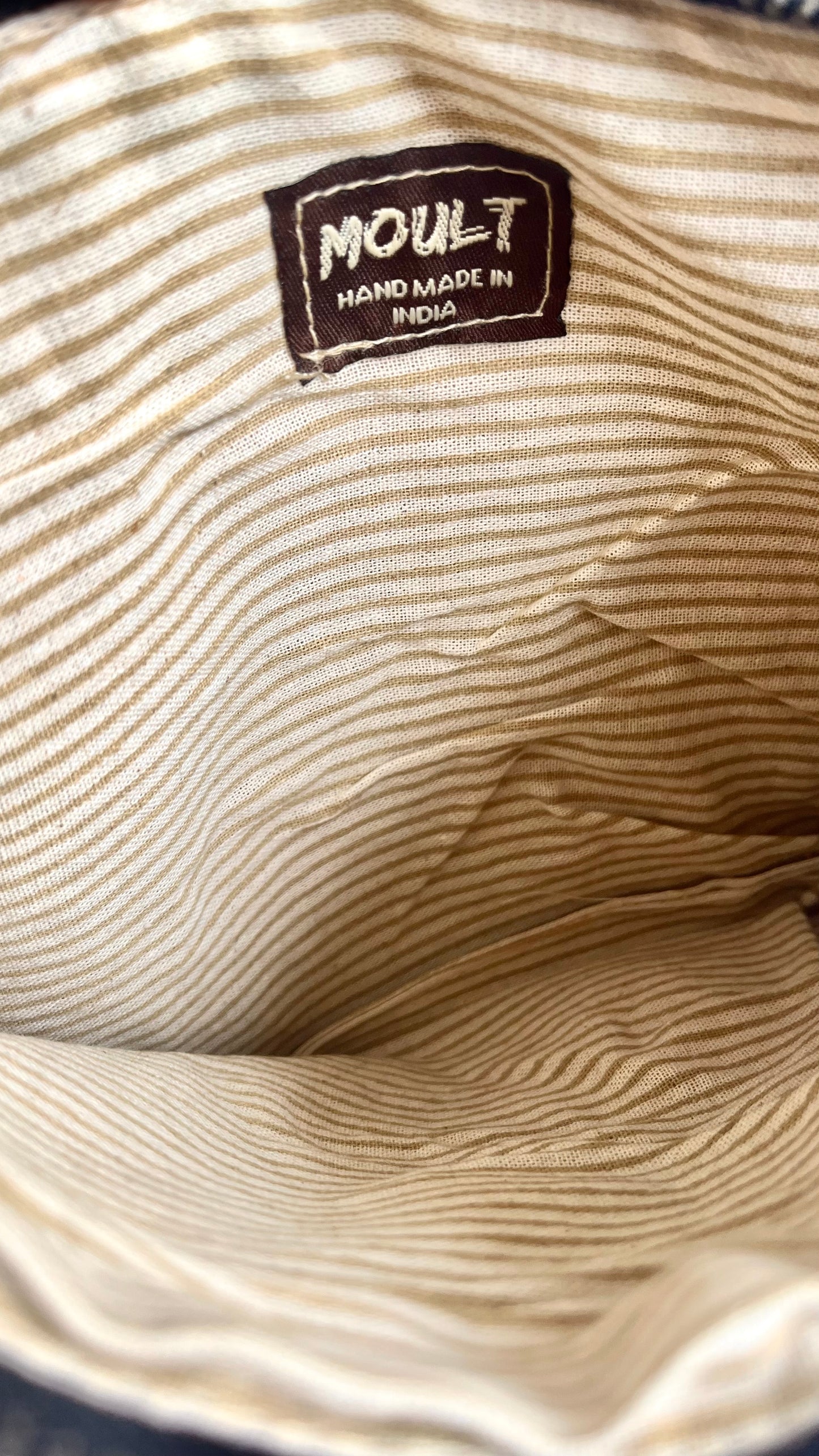 Striped-Lined Cosmetic Jute Pouch with Leather Pull