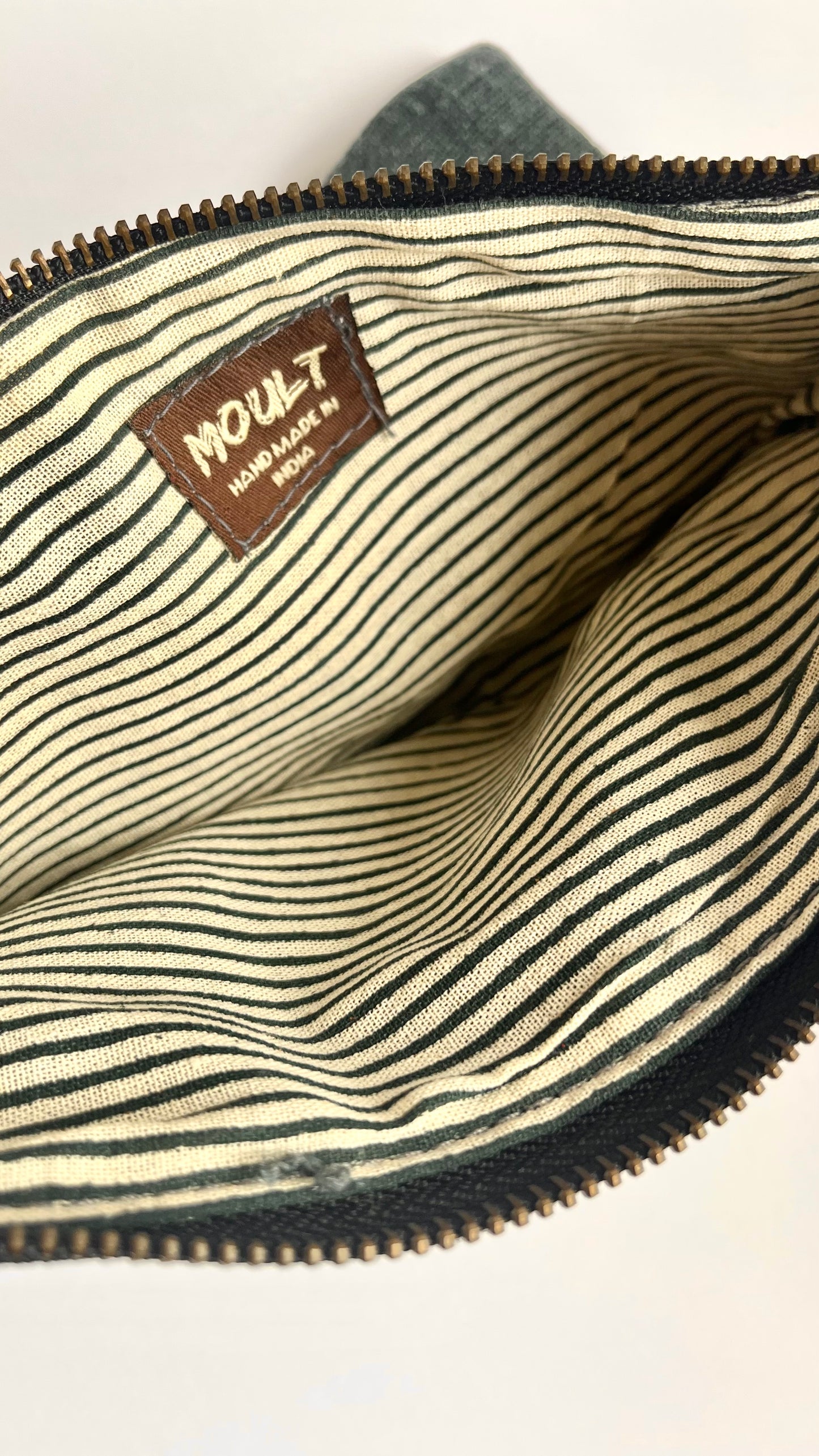 Striped-Lined Cosmetic Jute Pouch with Leather Pull