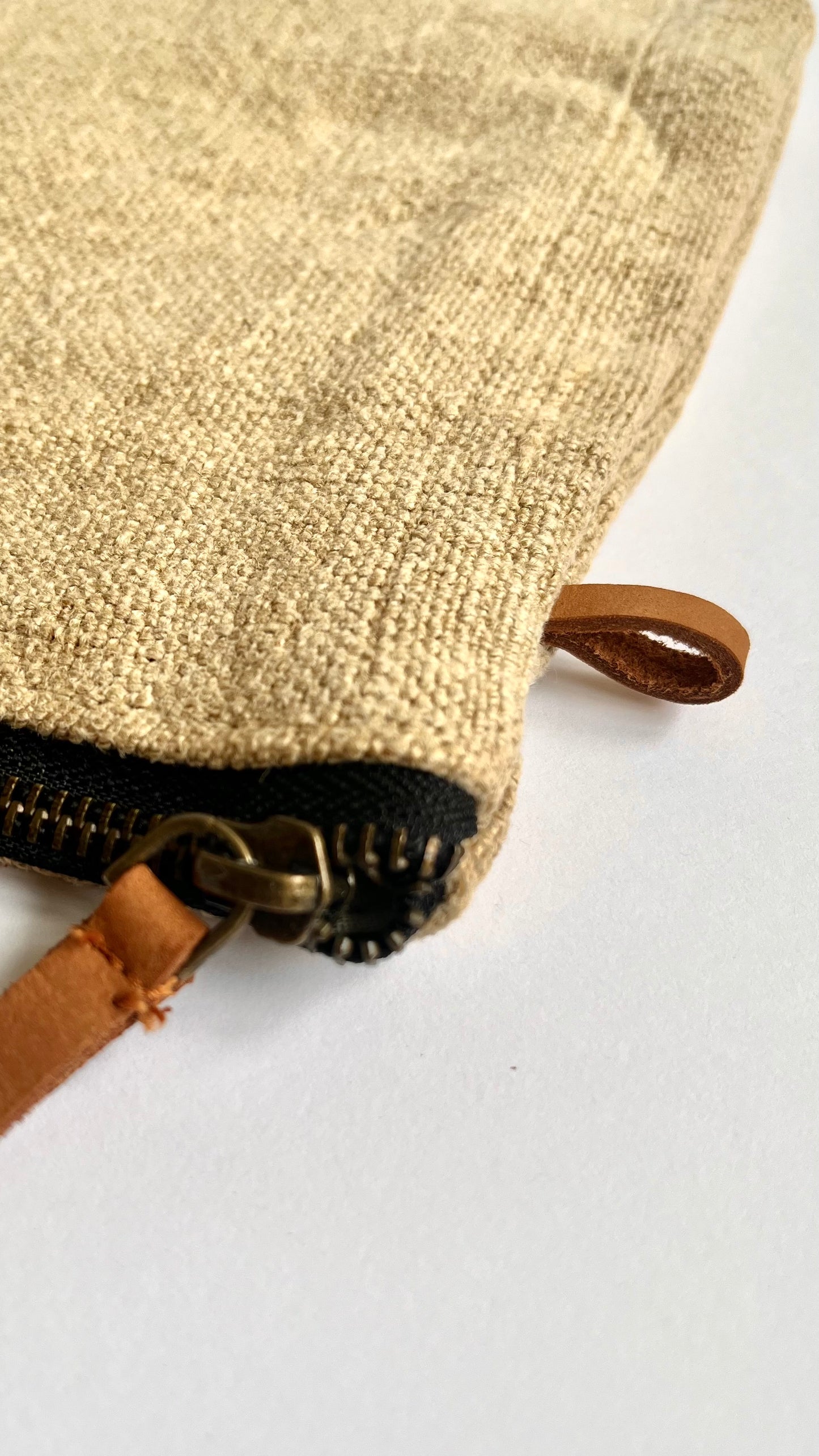Striped-Lined Cosmetic Jute Pouch with Leather Pull