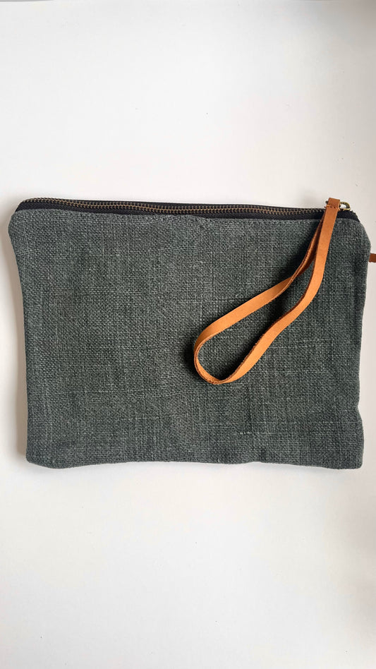 Striped-Lined Cosmetic Jute Pouch with Leather Pull