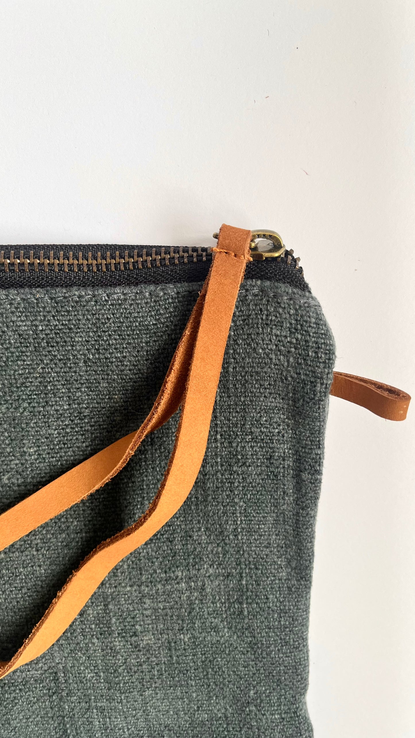 Striped-Lined Cosmetic Jute Pouch with Leather Pull