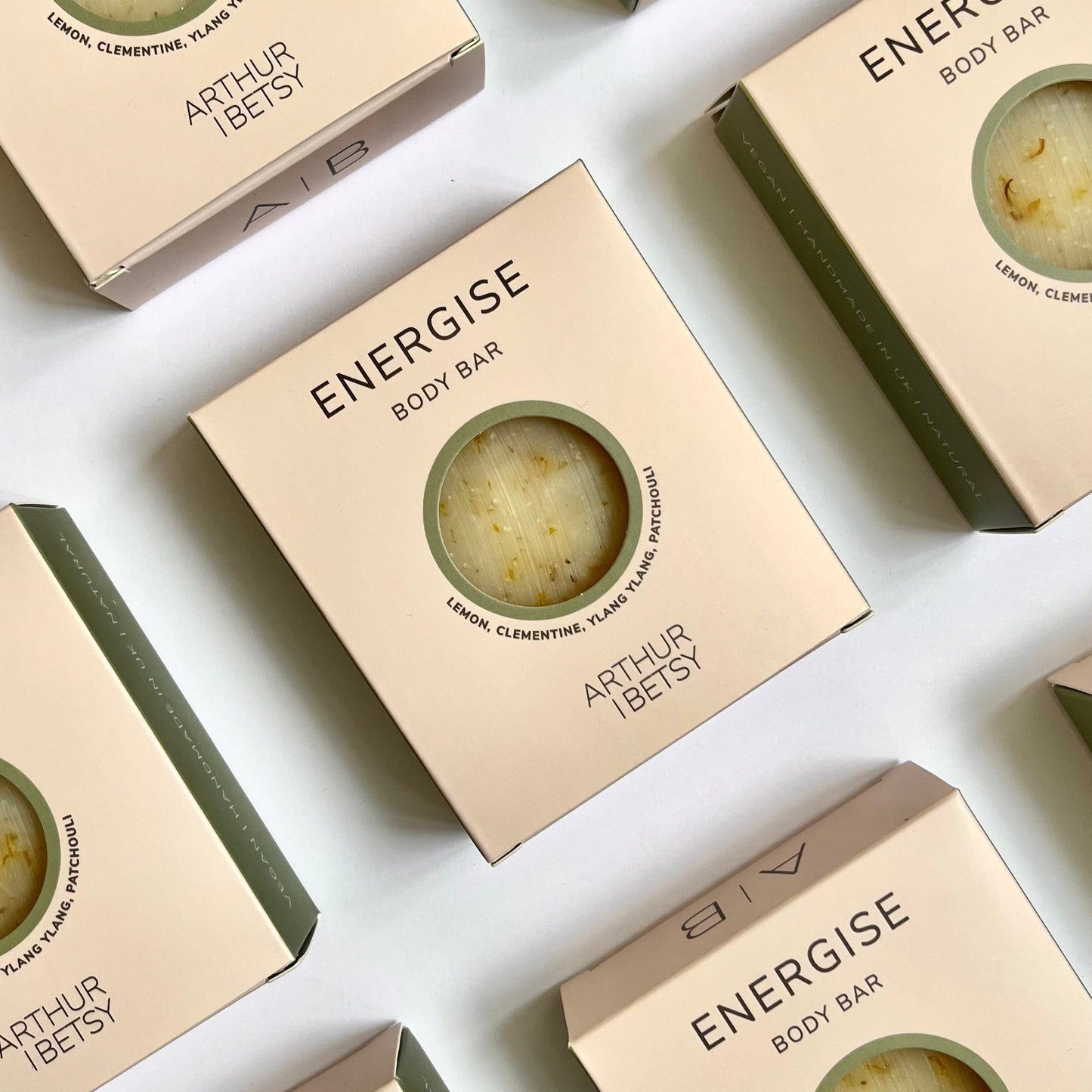 Energise aromatherapy luxury soap bar shown in beige packaging on an angle