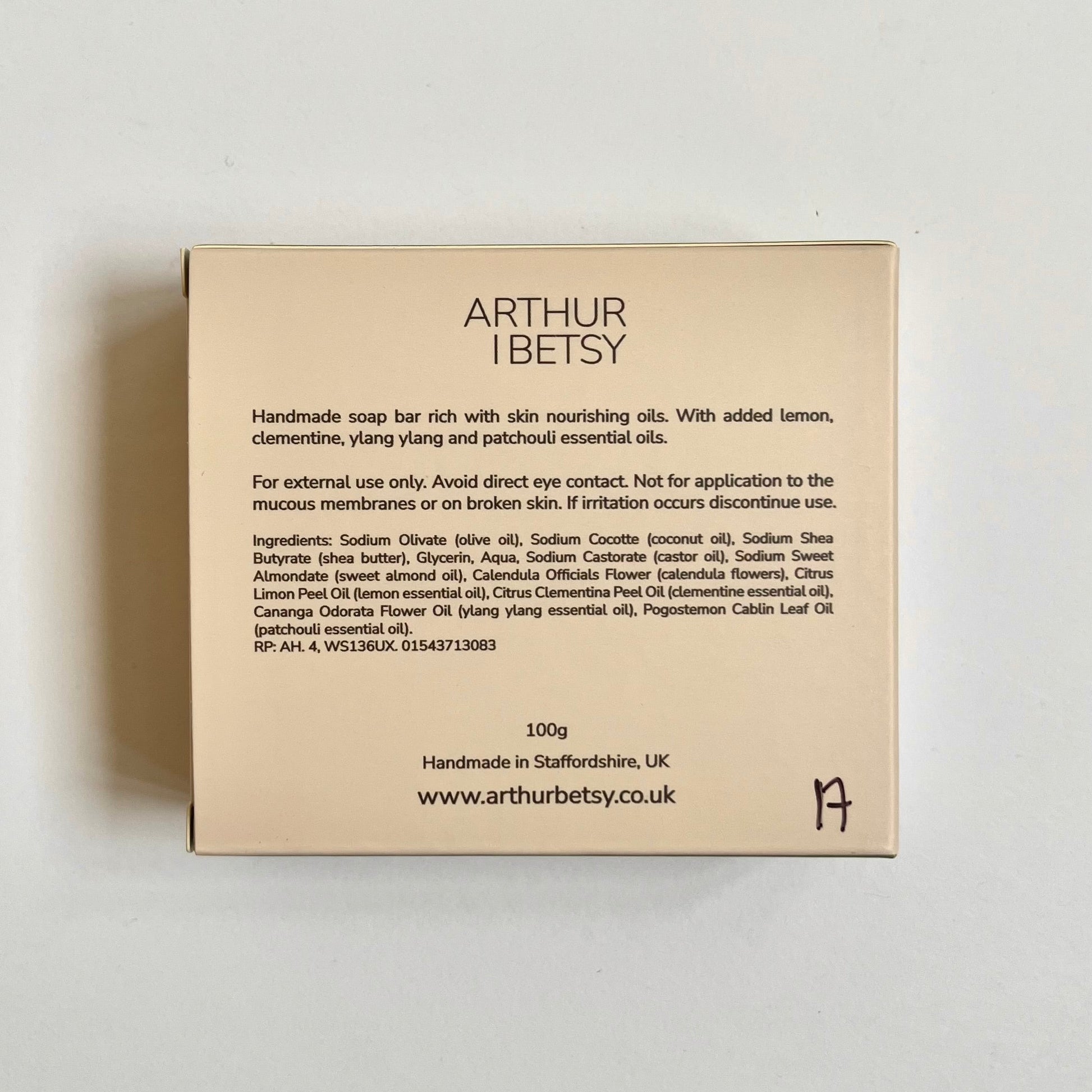 Image of the back of the luxury soap bar box providing information about the soap