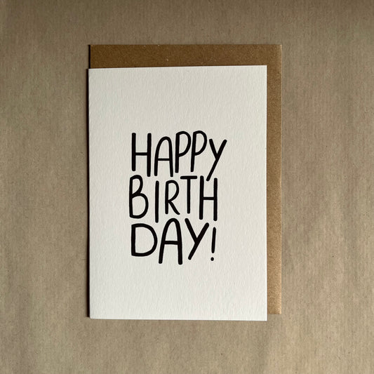 Happy birthday greetings card on white card with 'Happy Birthday!' text