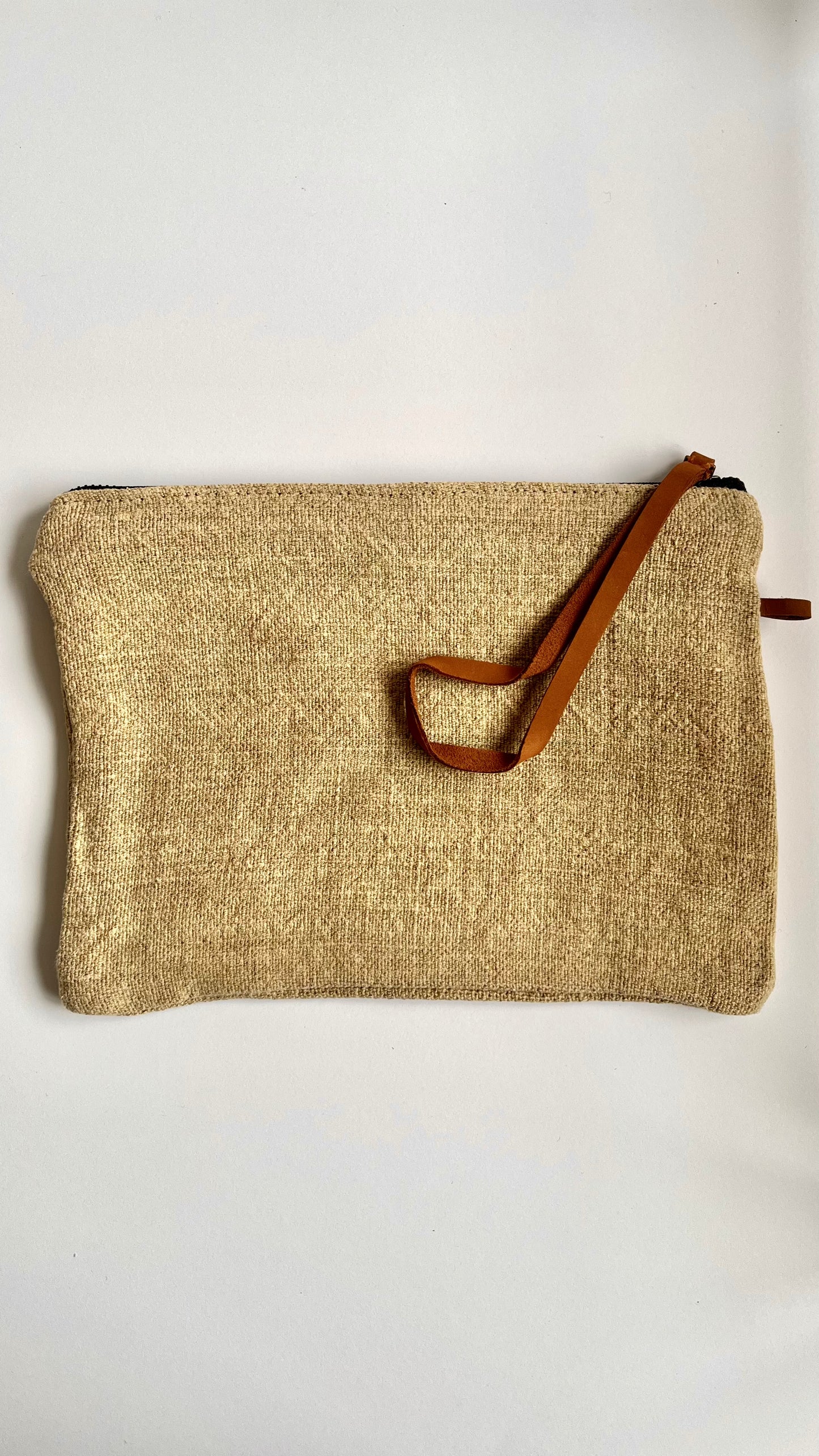 Striped-Lined Cosmetic Jute Pouch with Leather Pull