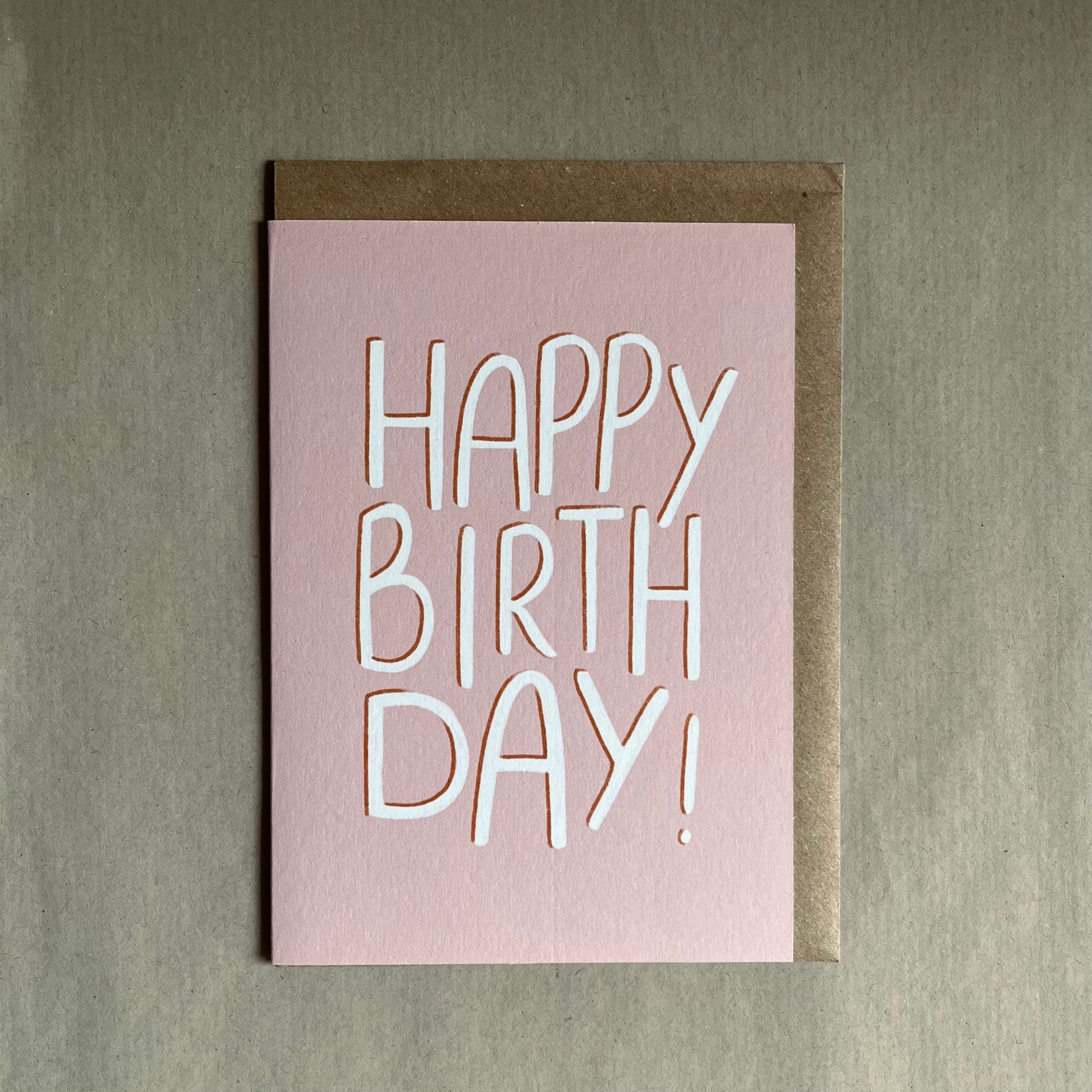 Pink happy birthday blank greeting card with 'Happy Birthday!' text on a pink background