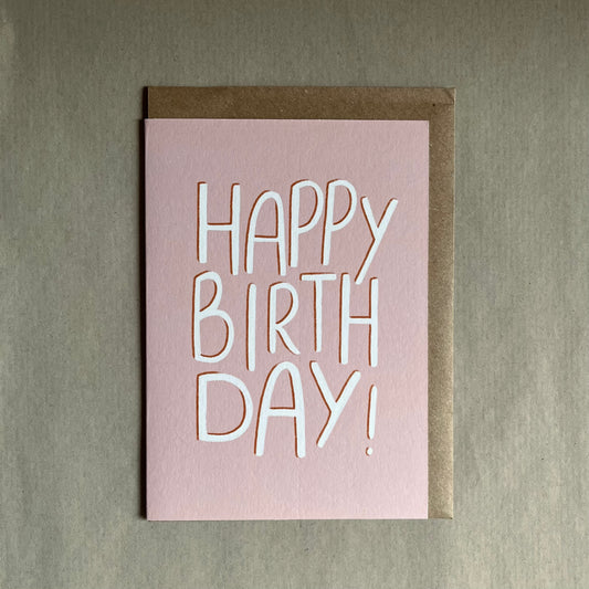 Pink happy birthday blank greeting card with 'Happy Birthday!' text on a pink background