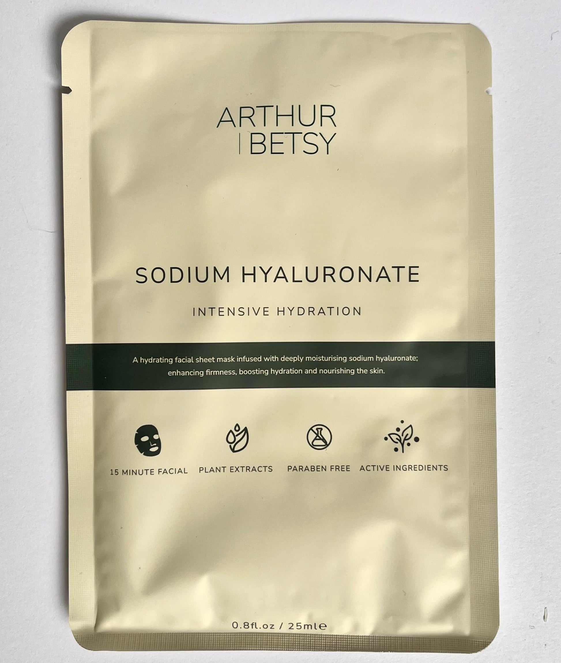 A packaged moisturising facial mask with 'SODIUM HYALURONATE' written on it, indicating the main ingredient, and branding 'ARTHUR BETSY'.
