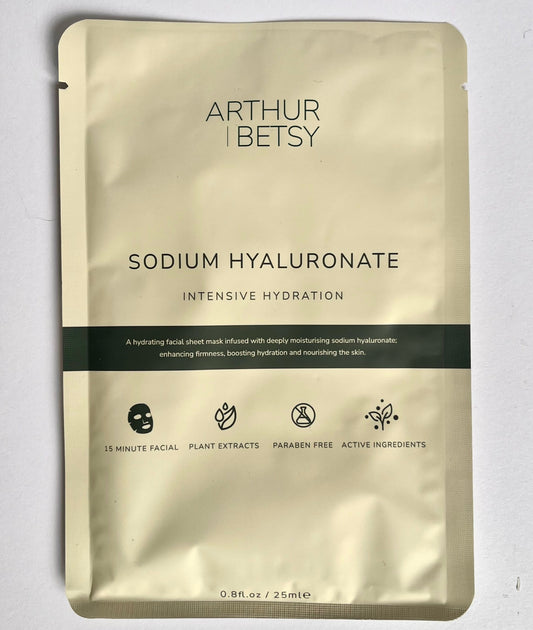 A packaged moisturising facial mask with 'SODIUM HYALURONATE' written on it, indicating the main ingredient, and branding 'ARTHUR BETSY'.