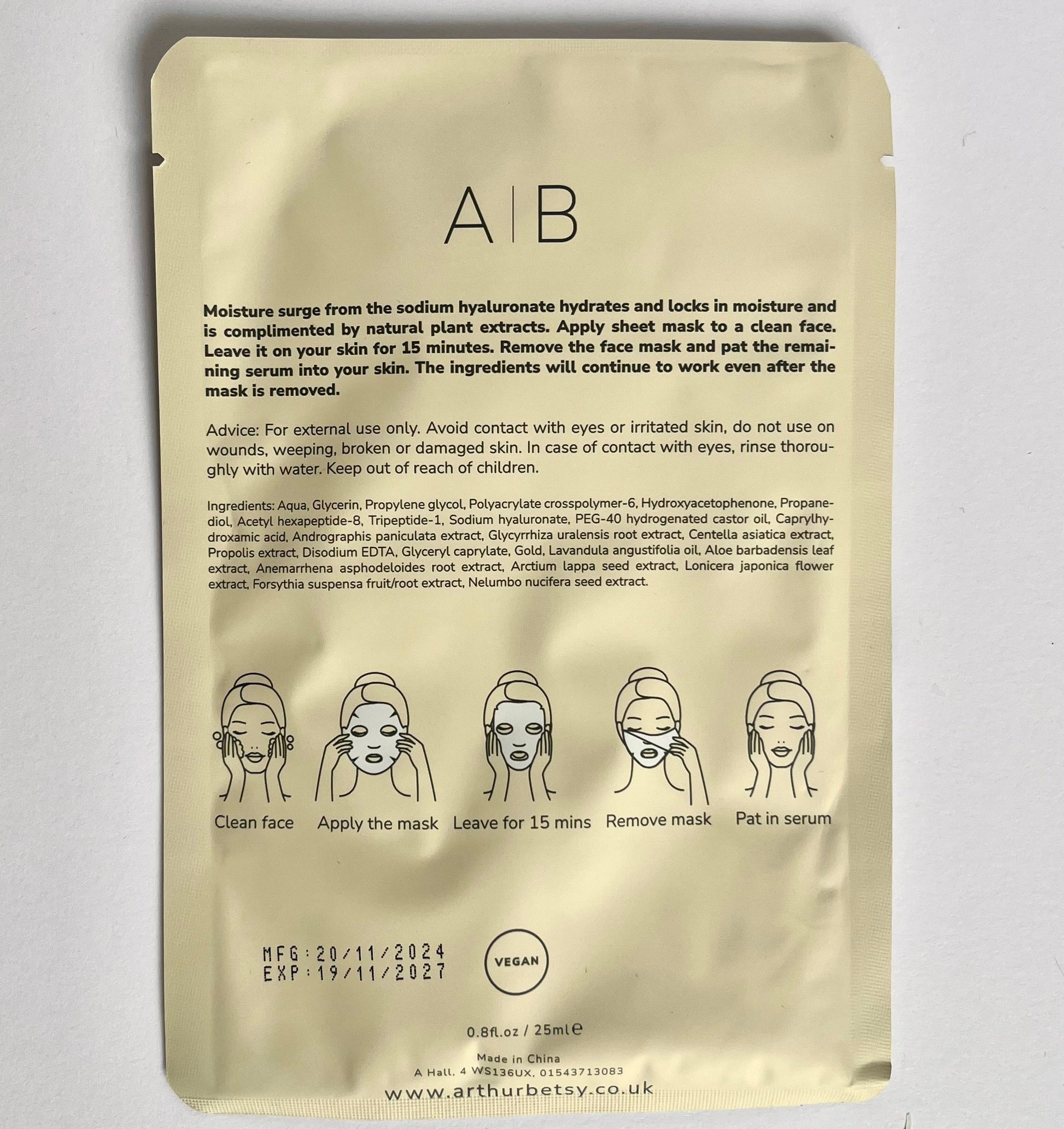 Image of the back of the moisturising face mask showing information on how to use the mask and the ingredients in the mask.