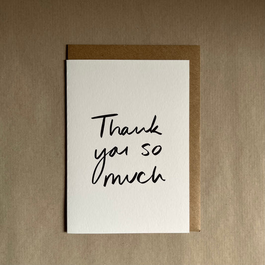 Thank you greeting card with 'Thank you so much' text on a beige background