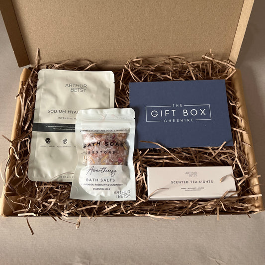 Gift box with bath soak, bath salts, and tea lights from The Gift Box Cheshire.