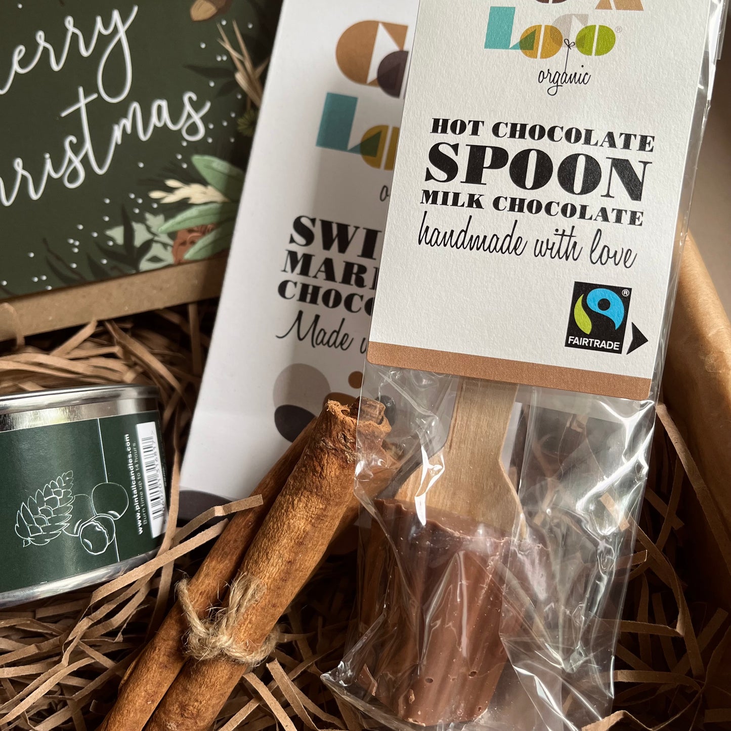 Marbled chocolate bar and hot chocolate spoon from the Cosy Christmas Gift Box.