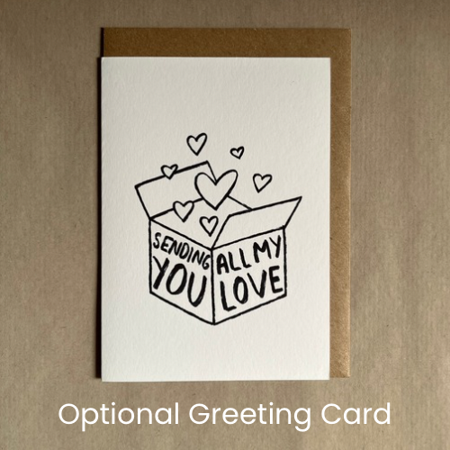 Greeting card with black and white illustration of hearts coming out of a box and the words “sending all my love” written on the box. 