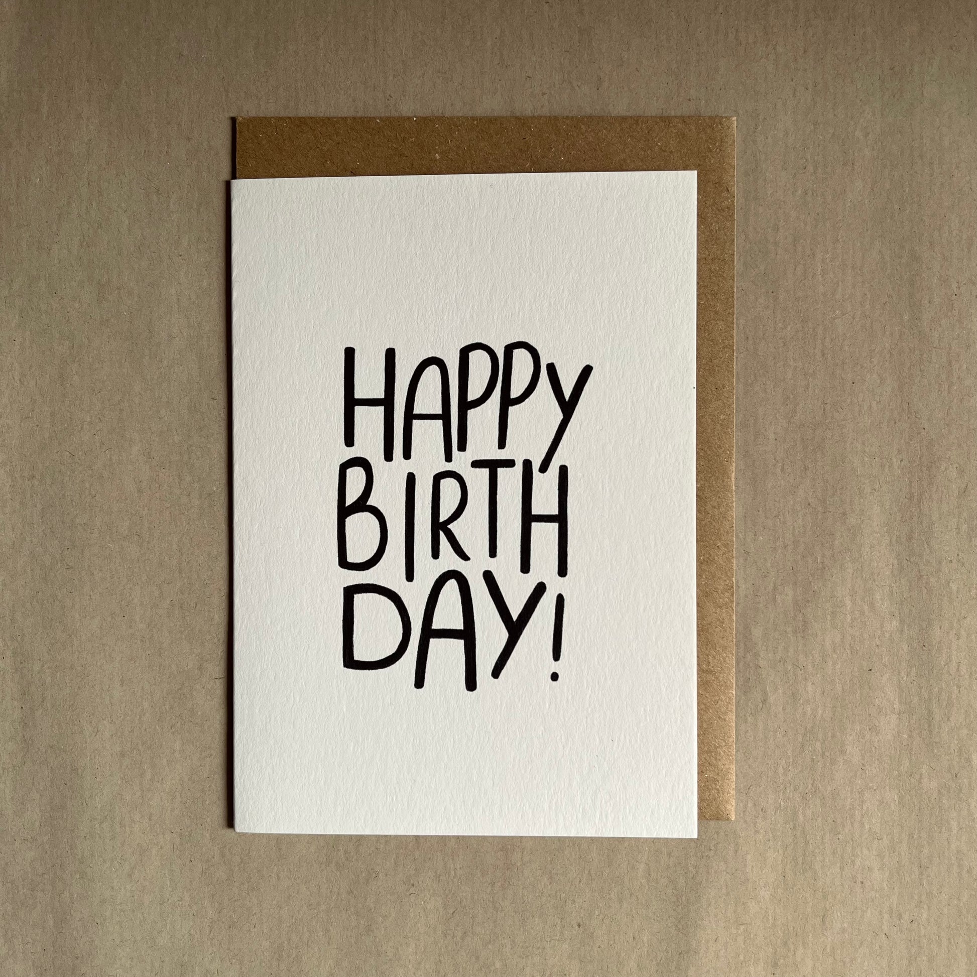 Happy birthday greetings card on white card with 'Happy Birthday!' text