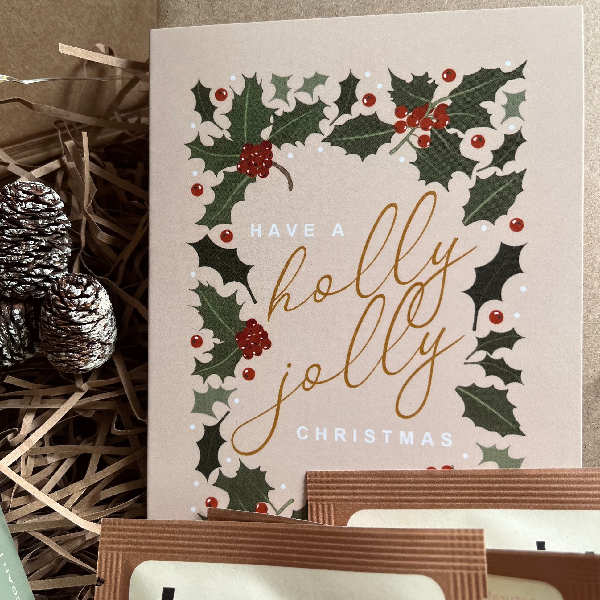 Holly jolly Christmas greeting card from the Calm and Bright Gift Box.