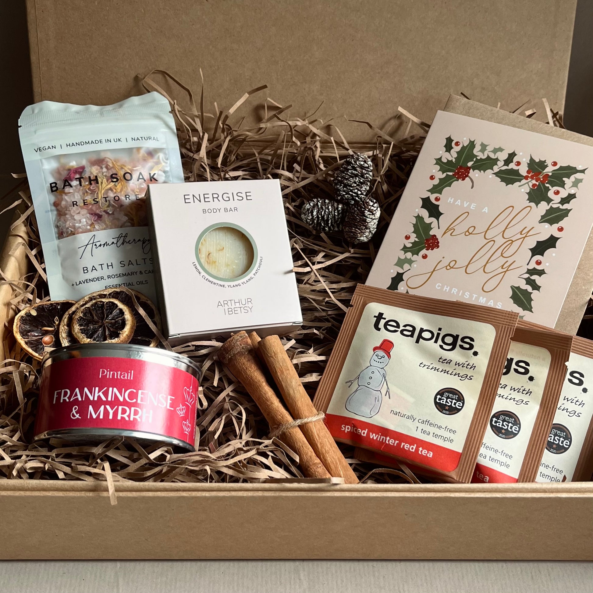 Calm and Bright Gift Box with handmade soap, bath salts, frankincense and myrrh candle and spiced winter red tea – a luxury well being Christmas gift from The Gift Box Cheshire.