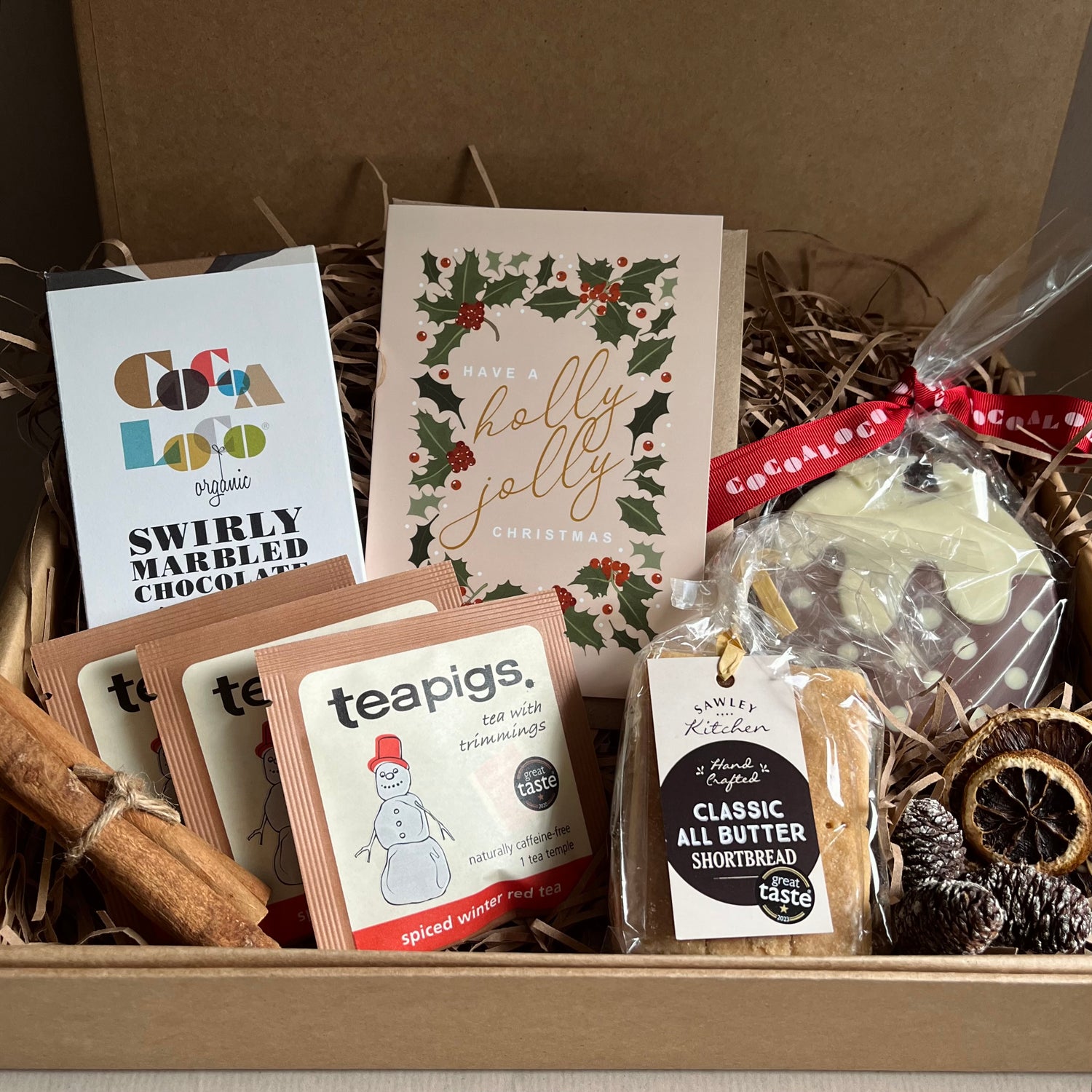 Festive Indulgence Gift Box with marbled chocolate bar, spiced winter red tea bags, chocolate christmas pudding and all butter shortbread – a Luxury Christmas Food & Chocolate Gift from The Gift Box Cheshire.