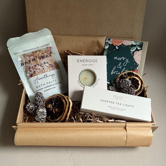 Self-Care Pause Mini Gift Box with handmade soap, bath salts and candles – a thoughtful self-care gift from The Gift Box Cheshire.